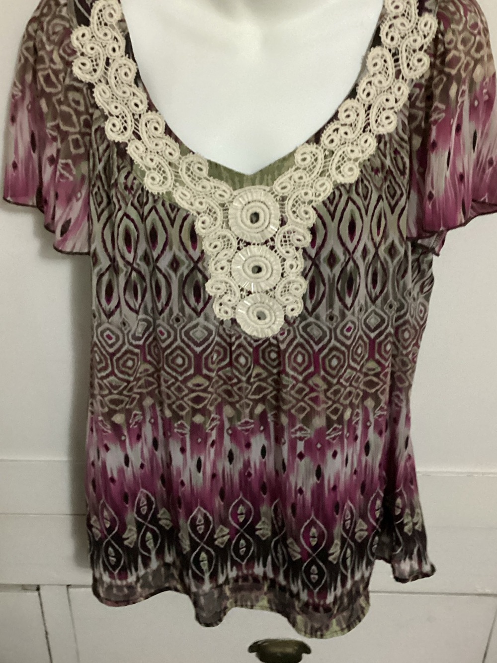Dress Barn Pink and Olive Printed Crochet-Trim V-Neck Blouse size XL